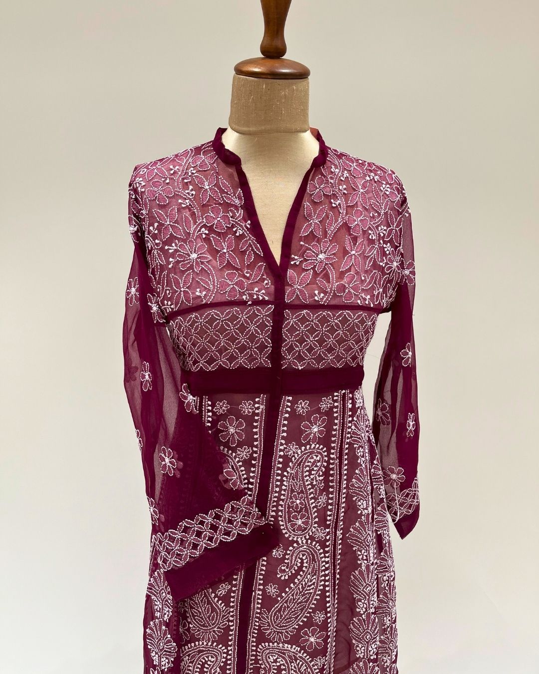 Georgette Anarkali Chikankari Kurta - Mehroon