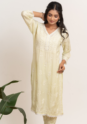 Muslin Chikankari Coord set - Lime Yellow