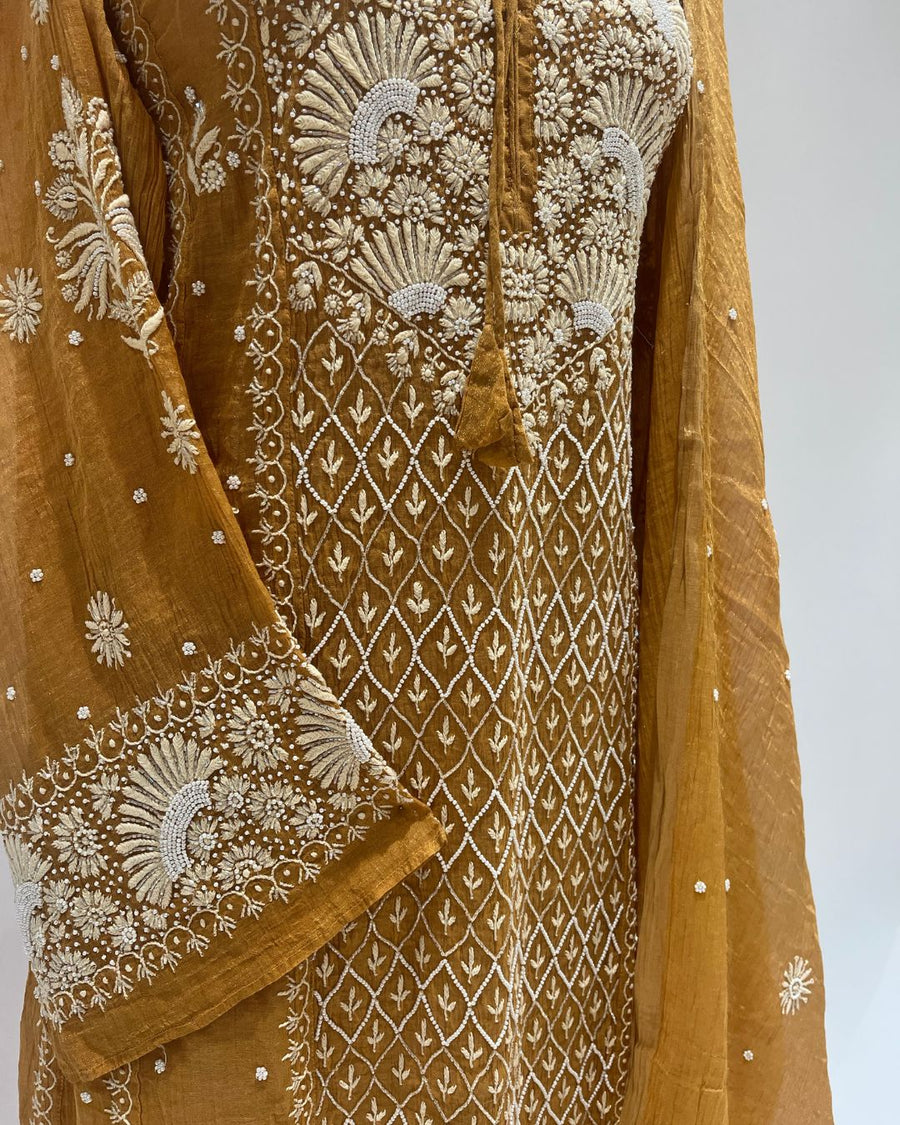 Tissue Chikankari Unstitched Anarkali - Mustard Yellow