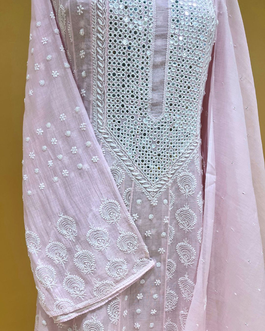 Mul Chikankari Unstitched Anarkali - Baby Pink