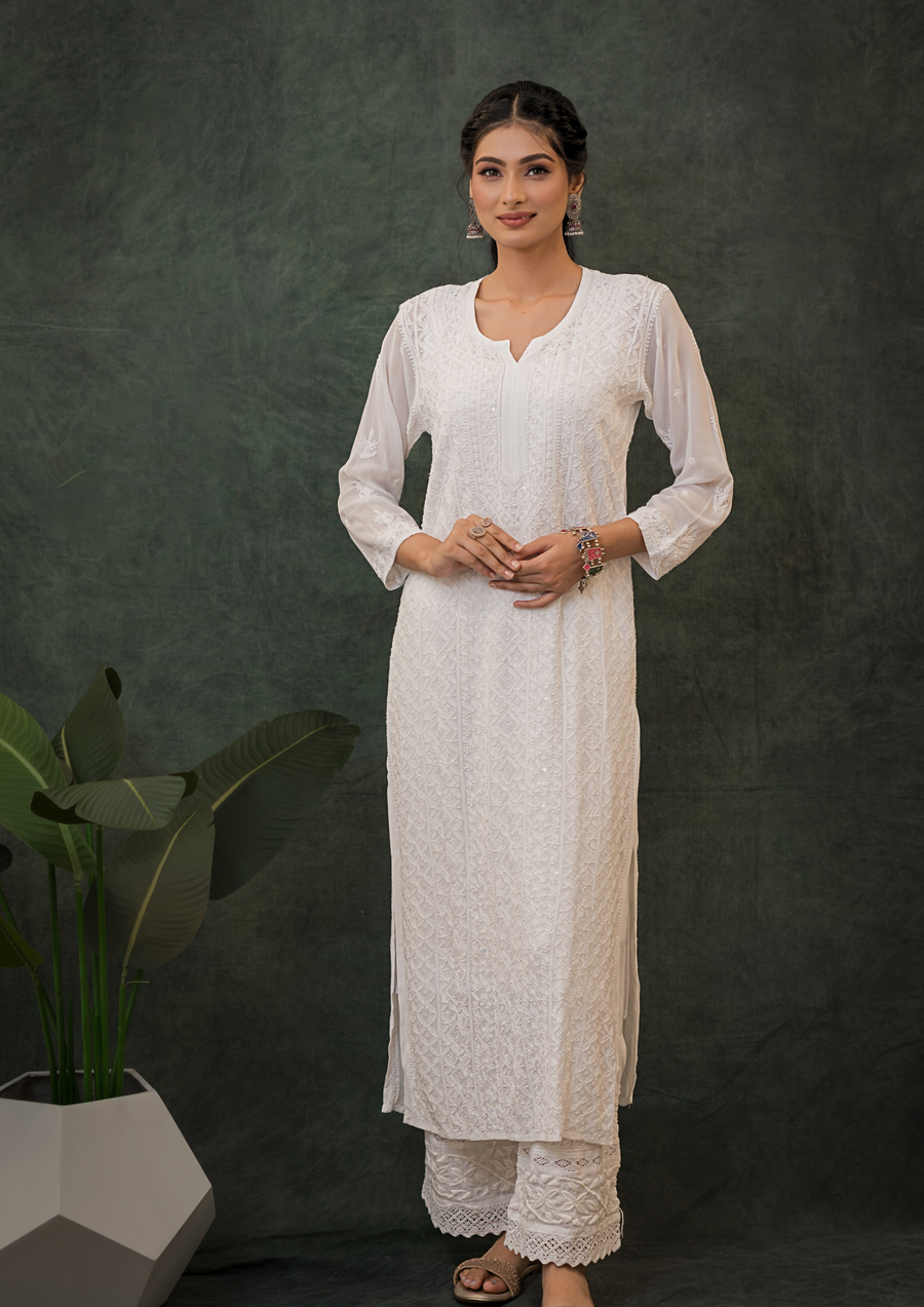 Georgette Chikankari Long Kurta - Pearl White