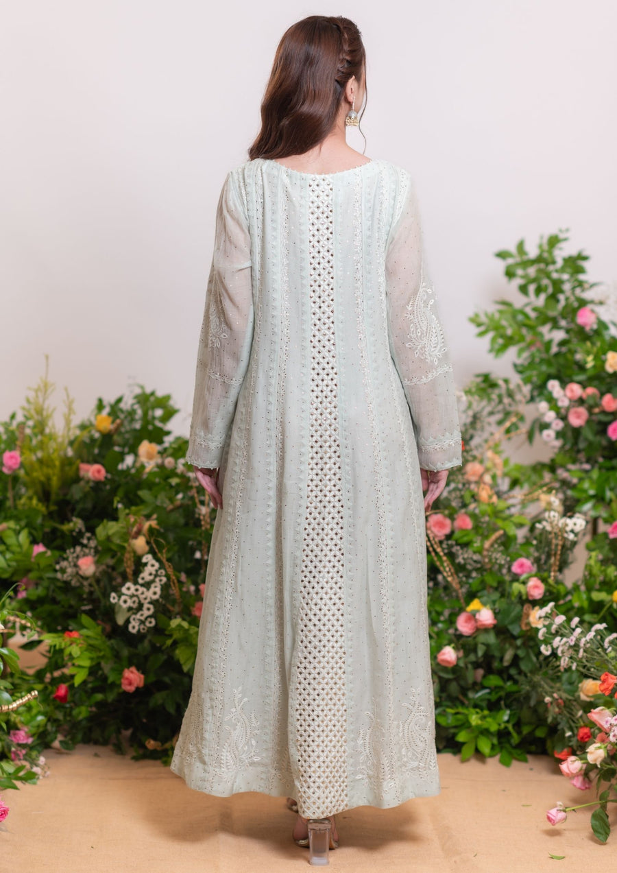 Mul Chanderi Chikankari Anarkali - Light Aqua Blue