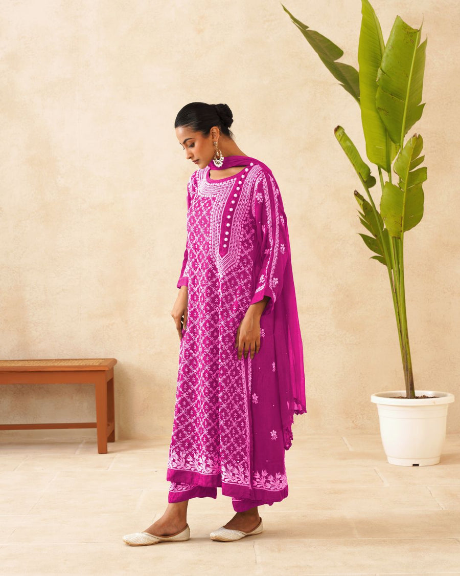 Modal Chikankari Stitch 3pc Suit - Fuchsia Pink