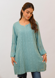 Georgette Chikankari Short Kurta - Sea green