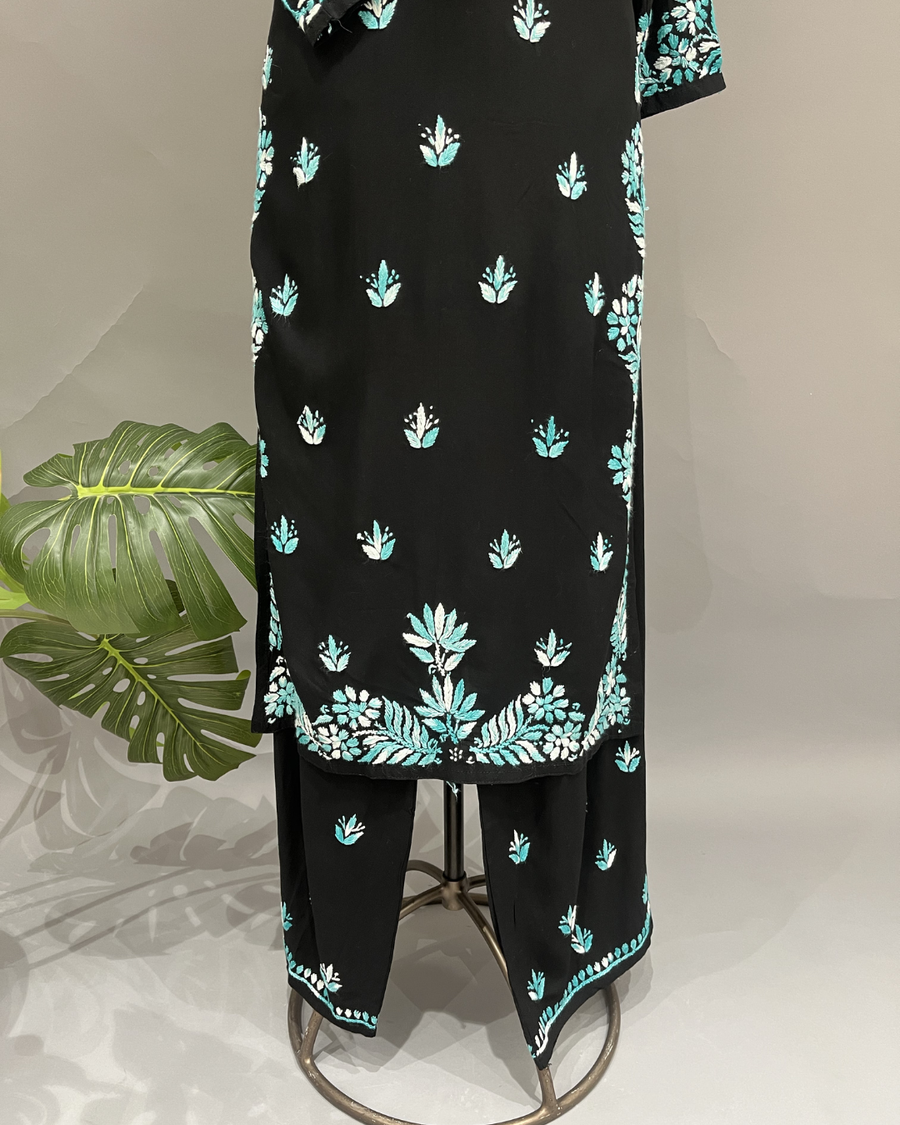 Rayon Chikankari Kurta and Bottom Set - Black and Teal