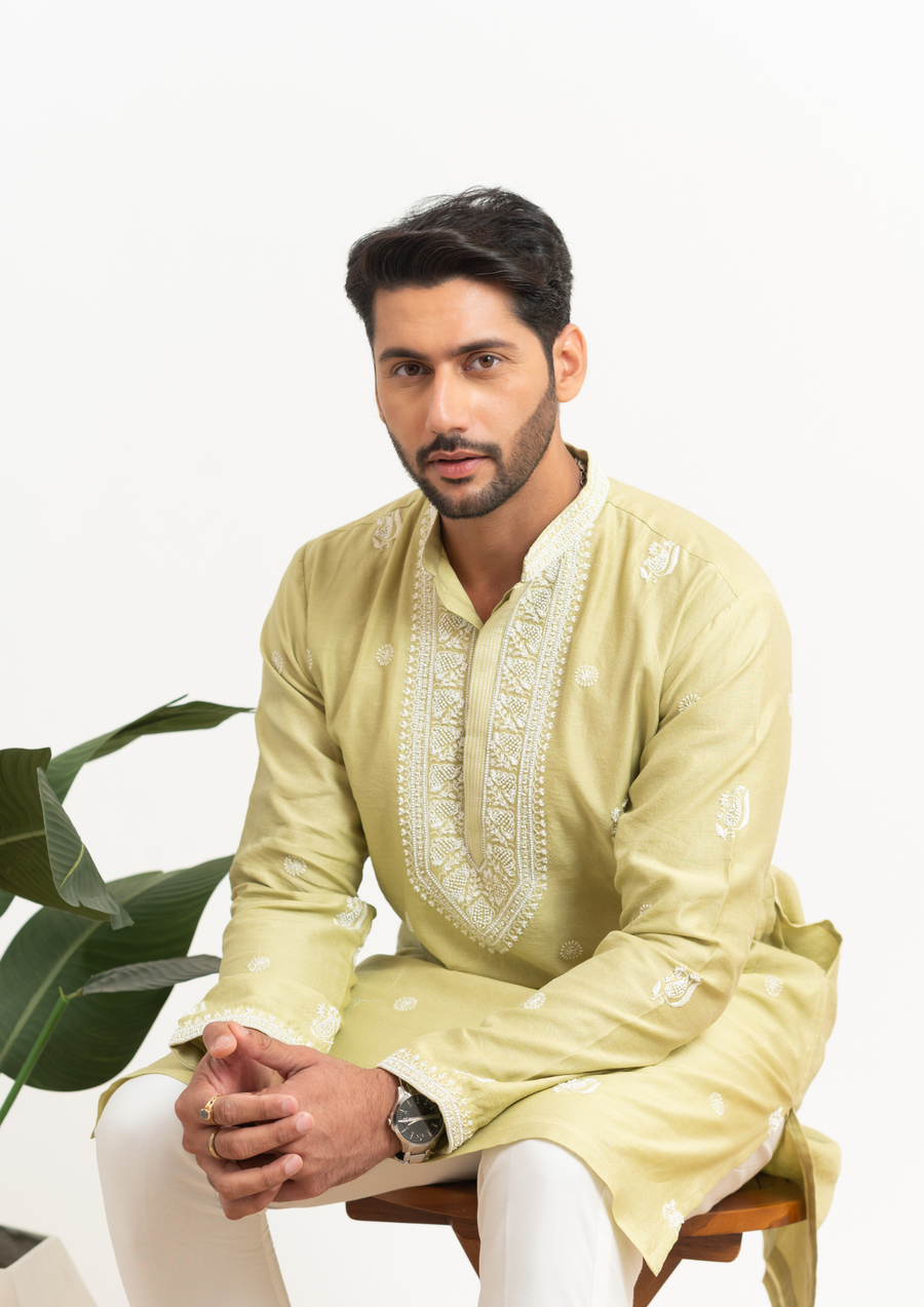 Tissue Chanderi Chikankari Men's Kurta - Green