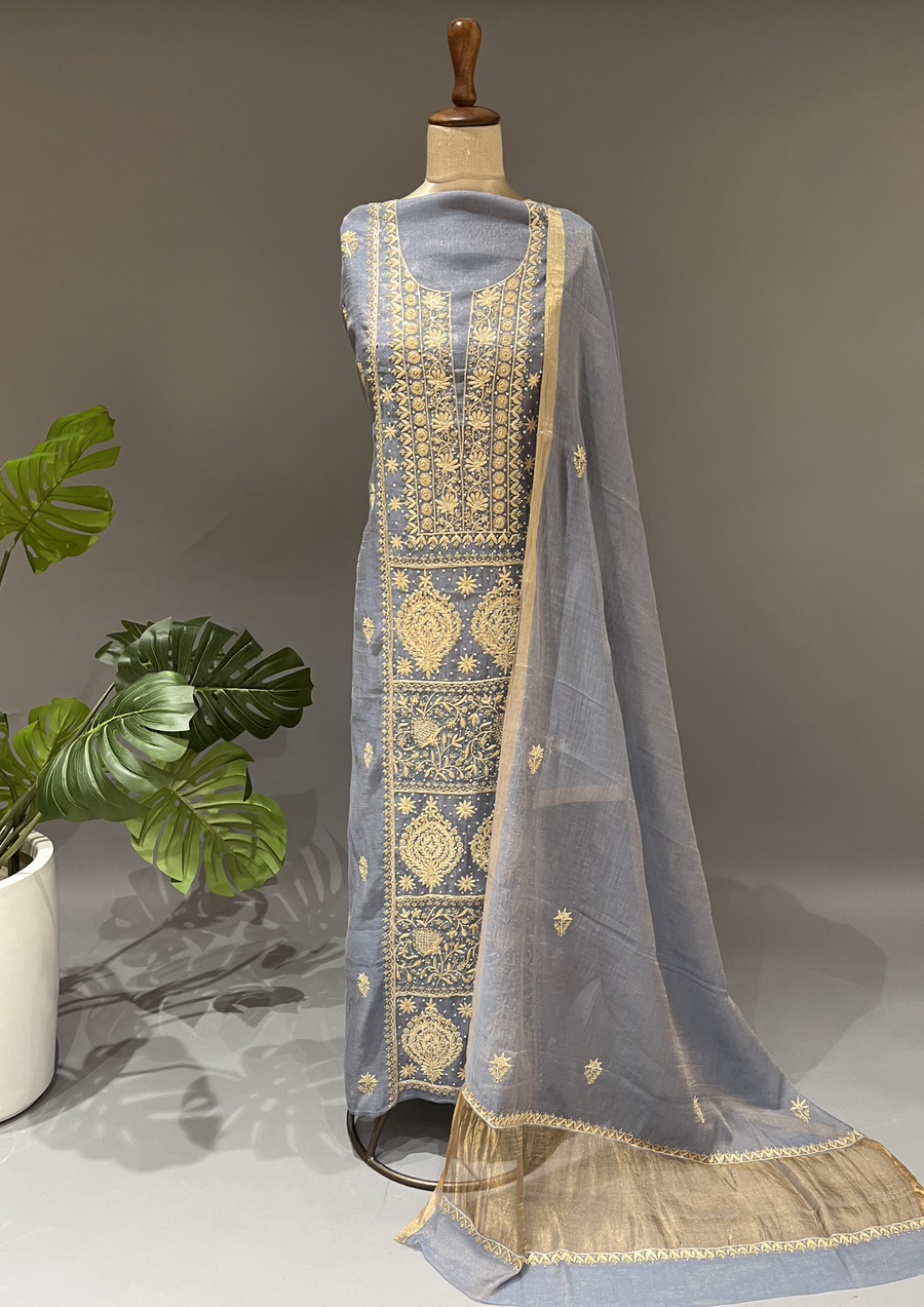 Chikankari Tissue Unstitched Kurta and Dupatta - Cashmere Blue