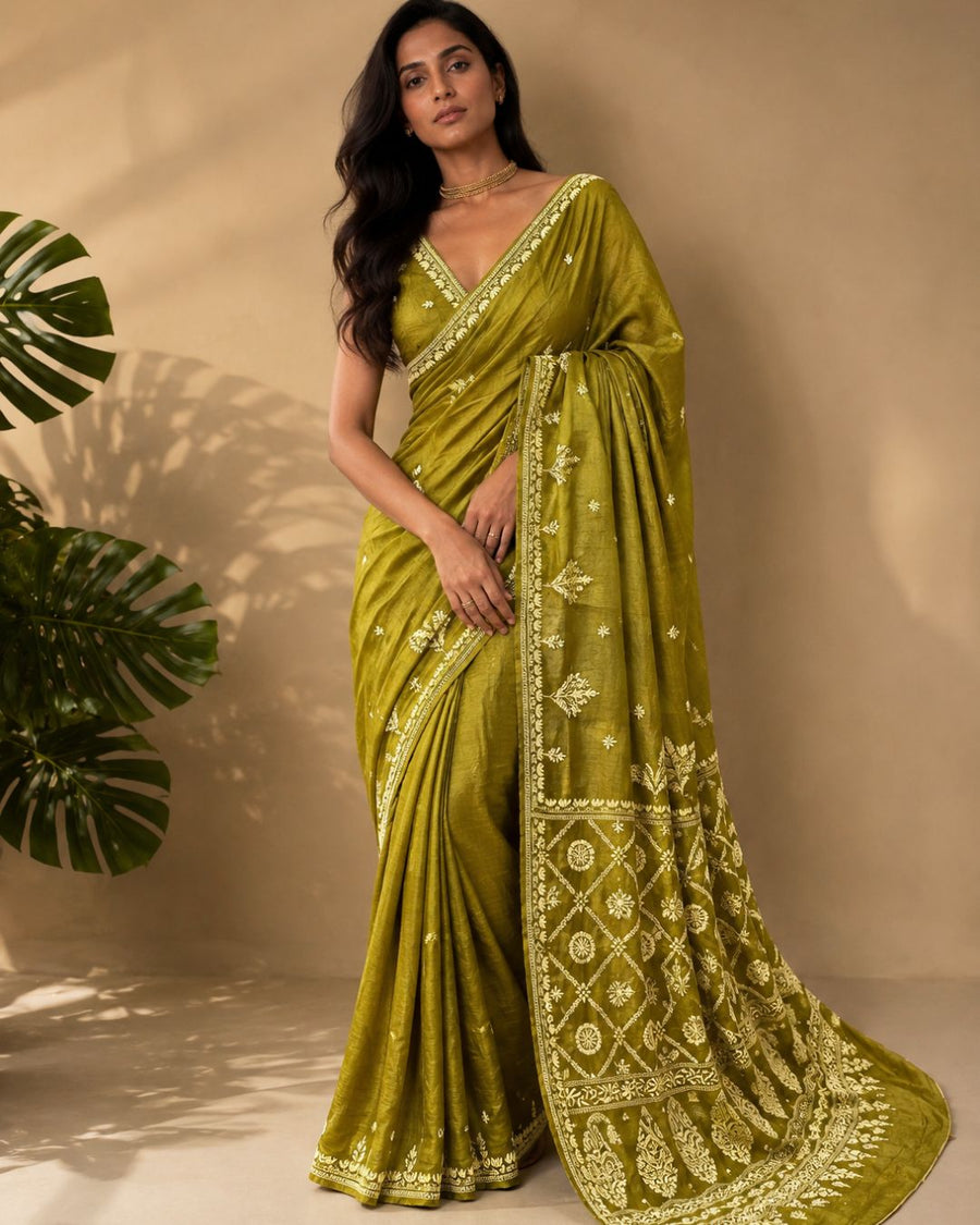 Tussar Silk Chikankari Saree - Olive Green