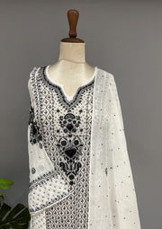 Mul Chanderi Chikankari Unstitch 2pc Anarkali - White & Black