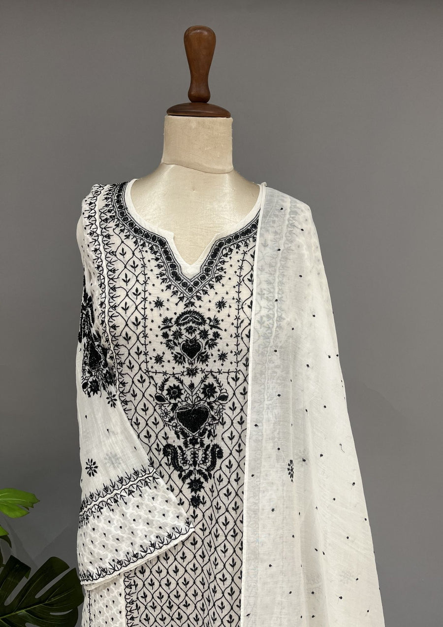 Mul Chanderi Chikankari Unstitch 2pc Anarkali - White & Black