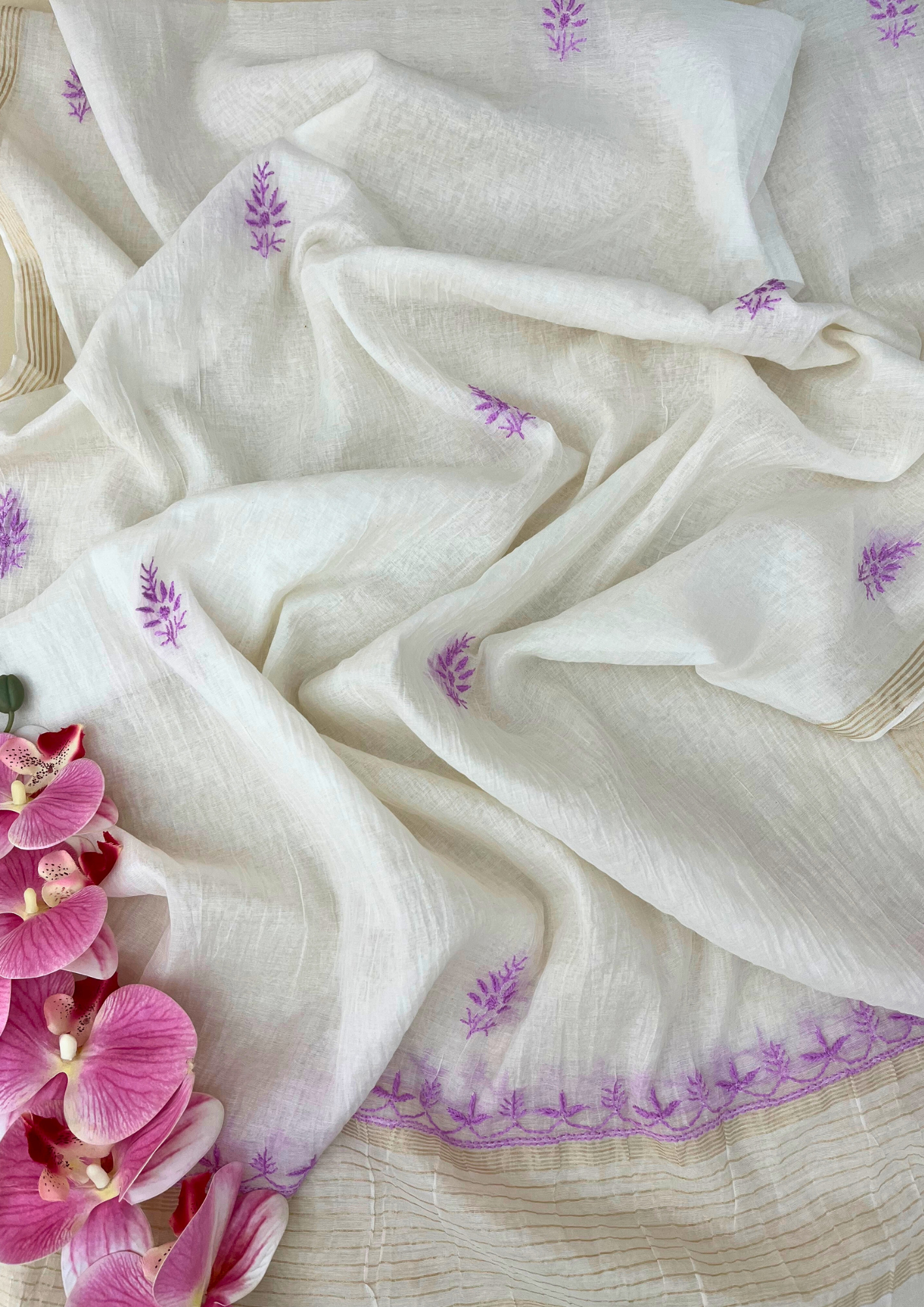 Chikankari Mul Chanderi Unstitched Suit - White and Purple