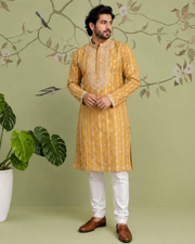 Chanderi Banarsi Chikankari Men's Kurta - Goldenrod