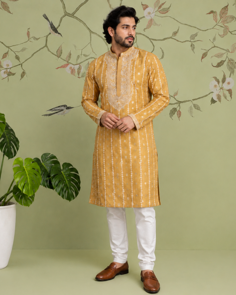 Chanderi Banarsi Chikankari Men's Kurta - Goldenrod