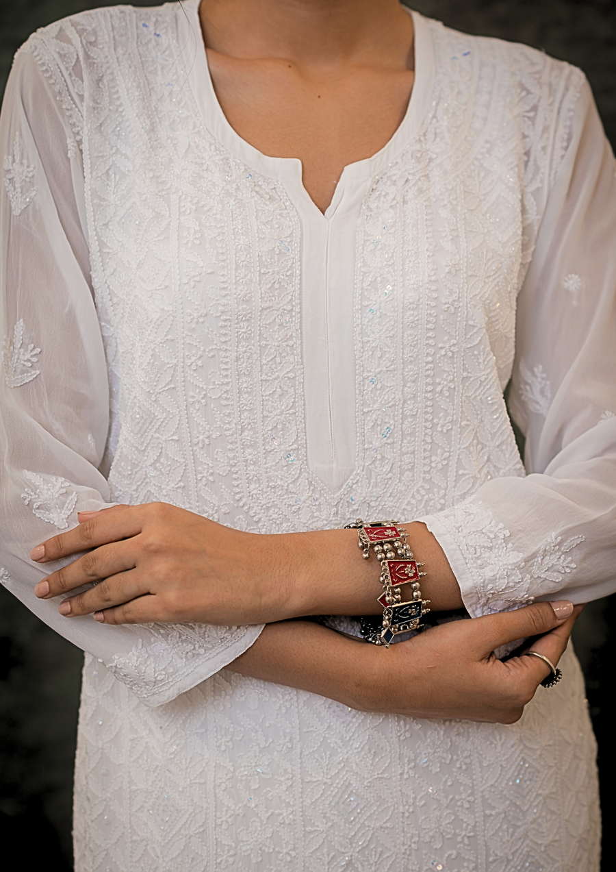 Georgette Chikankari Long Kurta - Pearl White