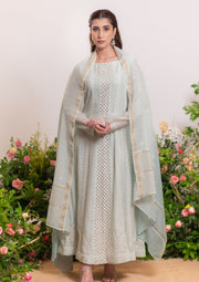 Mul Chanderi Chikankari Anarkali - Light Aqua Blue