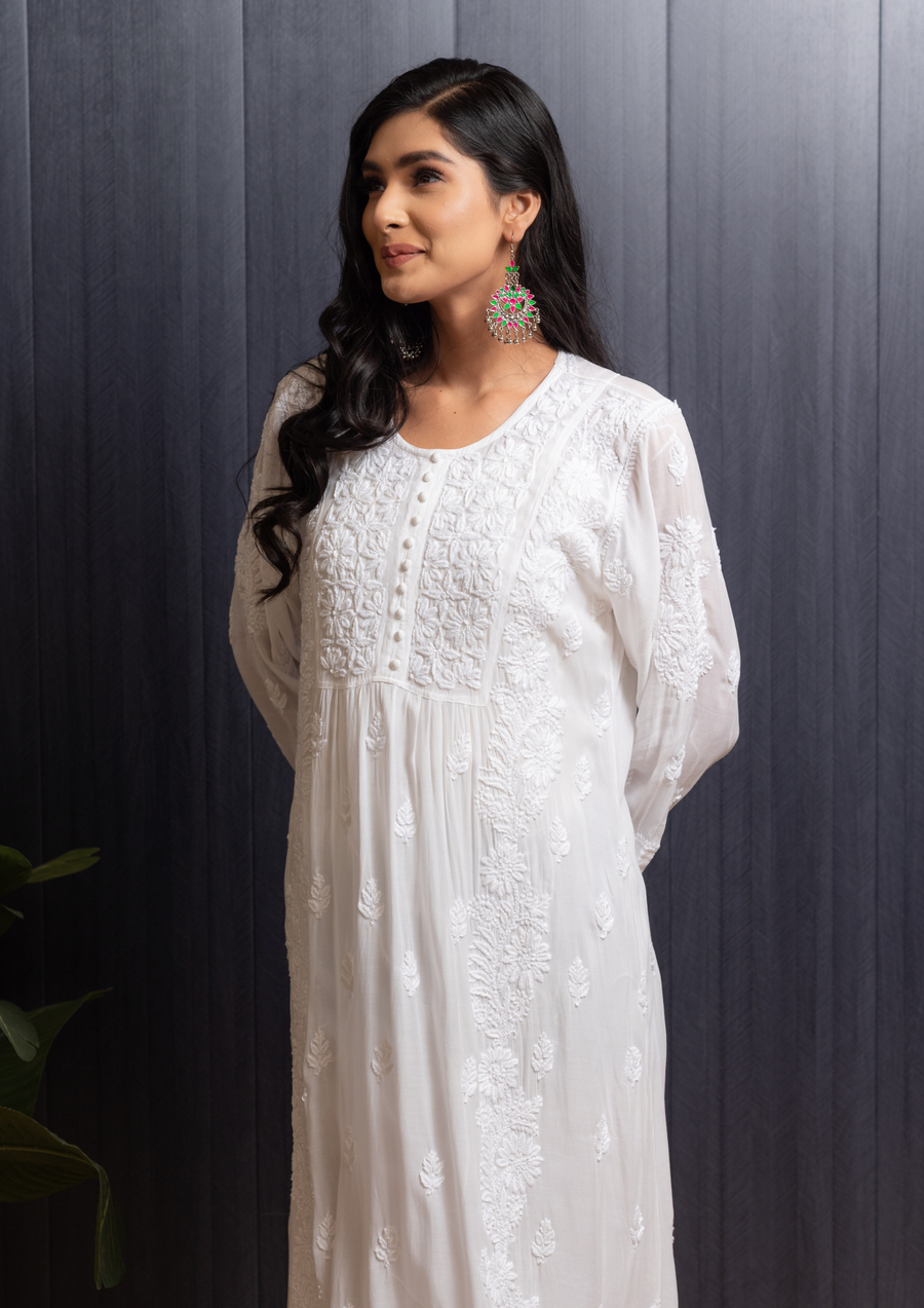 Modal chikankari long kurti - white