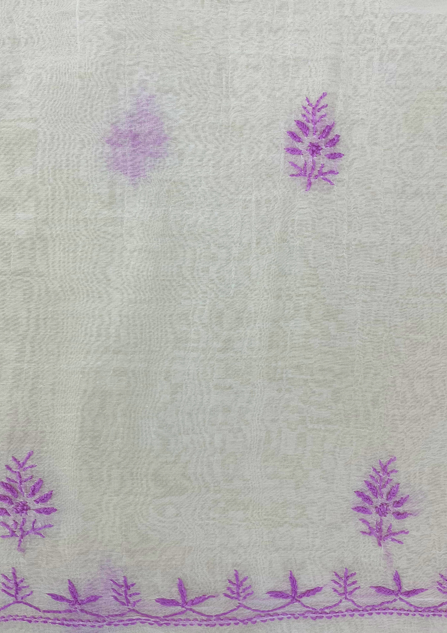 Chikankari Mul Chanderi Unstitched Suit - White and Purple