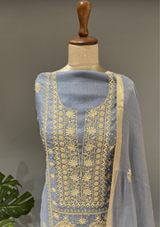 Chikankari Tissue Unstitched Kurta and Dupatta - Cashmere Blue