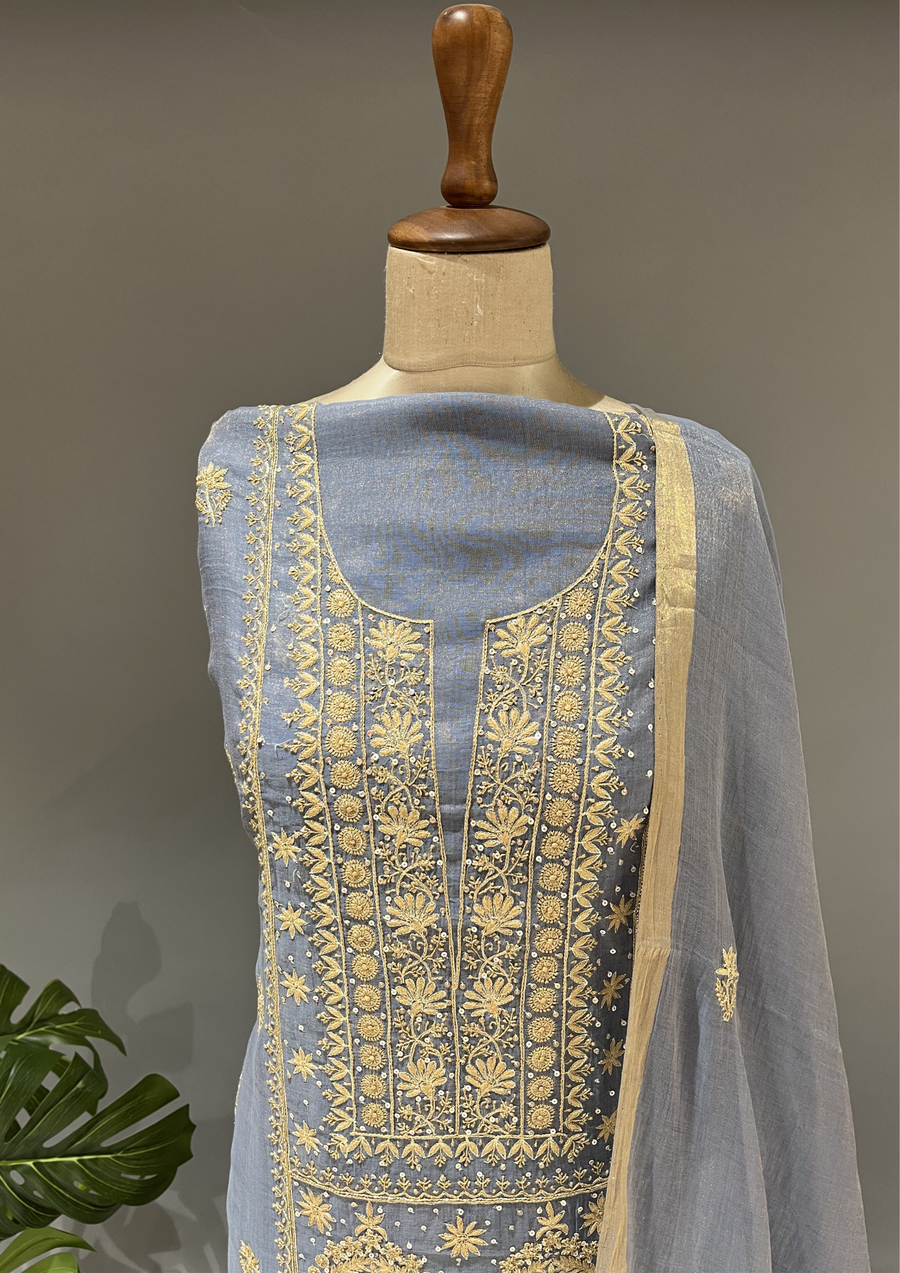Chikankari Tissue Unstitched Kurta and Dupatta - Cashmere Blue