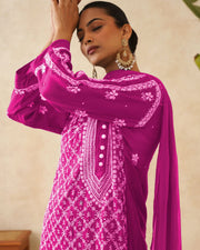 Modal Chikankari Stitch 3pc Suit - Fuchsia Pink
