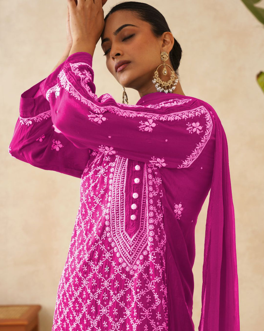 Modal Chikankari Stitch 3pc Suit - Fuchsia Pink
