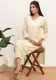 Muslin Chikankari Coord set - Lime Yellow