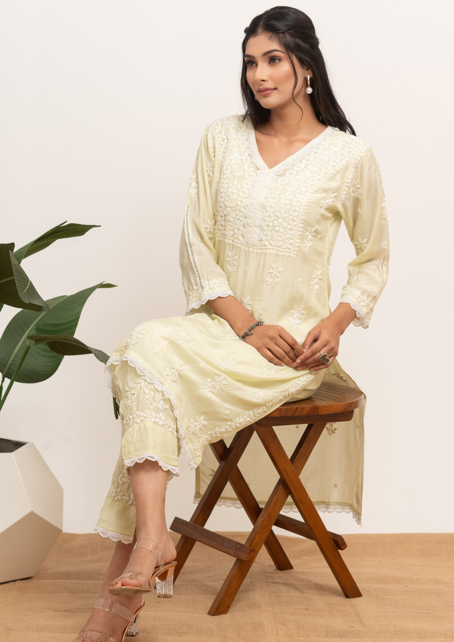 Muslin Chikankari Coord set - Lime Yellow