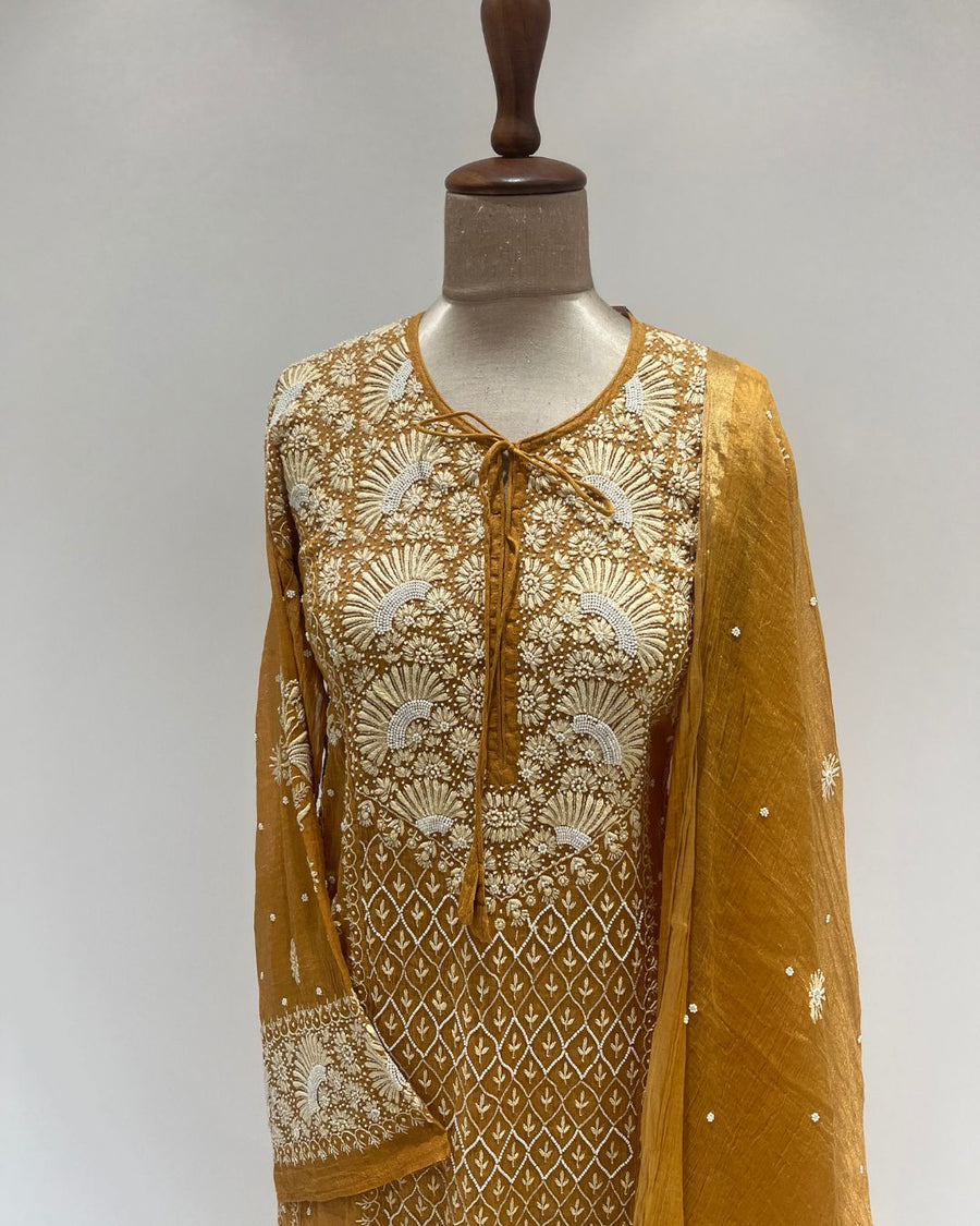 Tissue Chikankari Unstitched Anarkali - Mustard Yellow