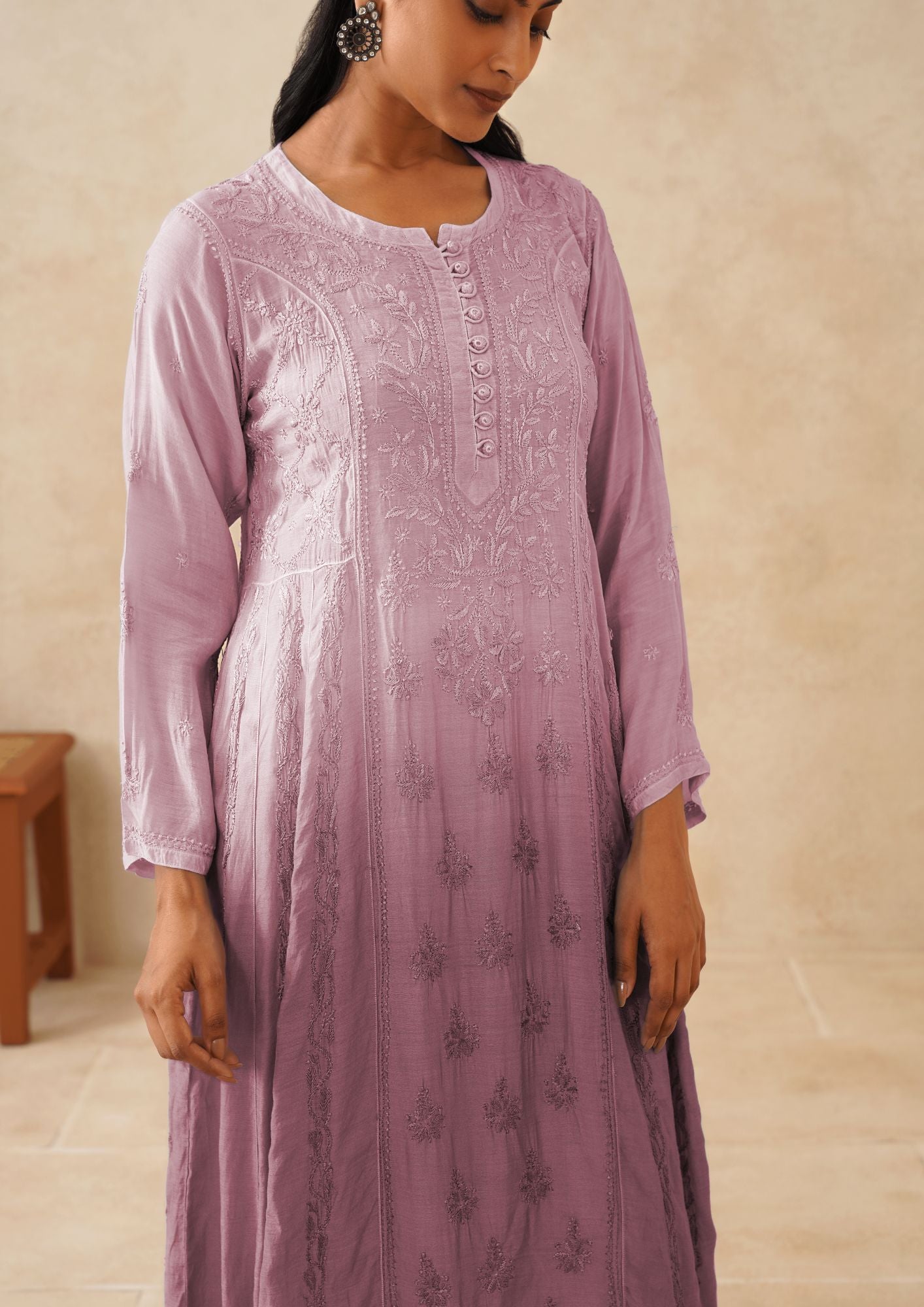 Muslin Chikankari Long Kurti - Ombre Mauve Shadow