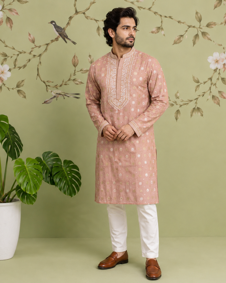Chanderi Banarsi Chikankari Men's Kurta - Rose Gold