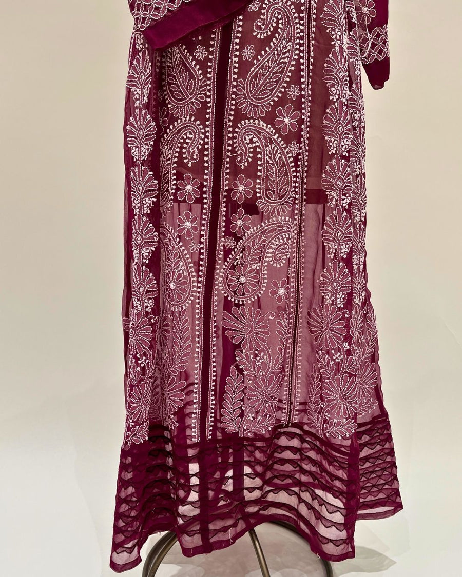 Georgette Anarkali Chikankari Kurta - Mehroon