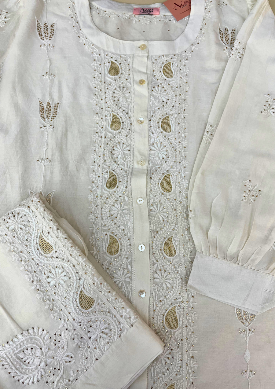 Chikankari Semistitched Chanderi Co-ord Set - White