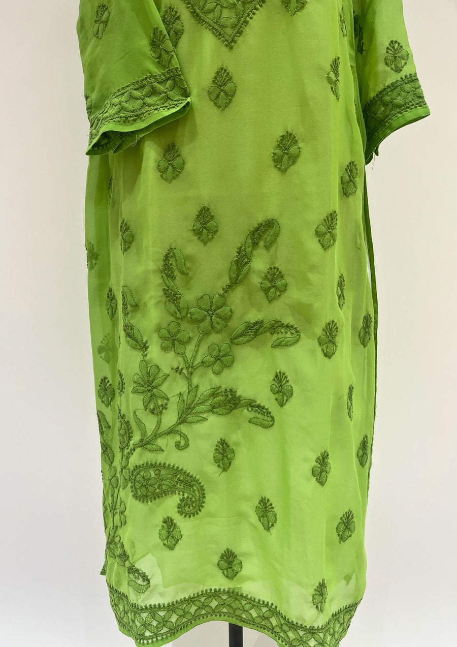 Georgette Chikankari Long Kurti - Pulpe Green