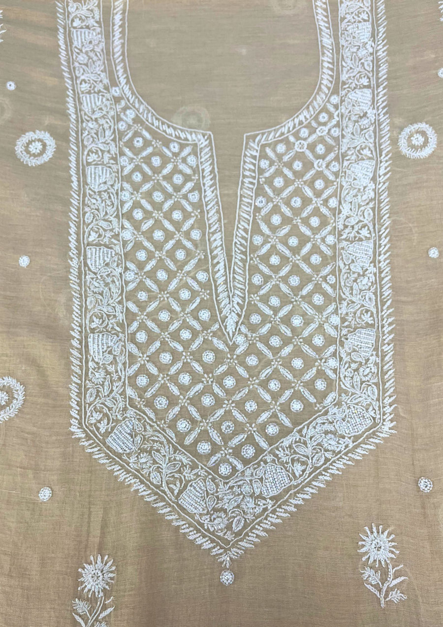 Tissue Unstitched Chikankari Suit - Biege