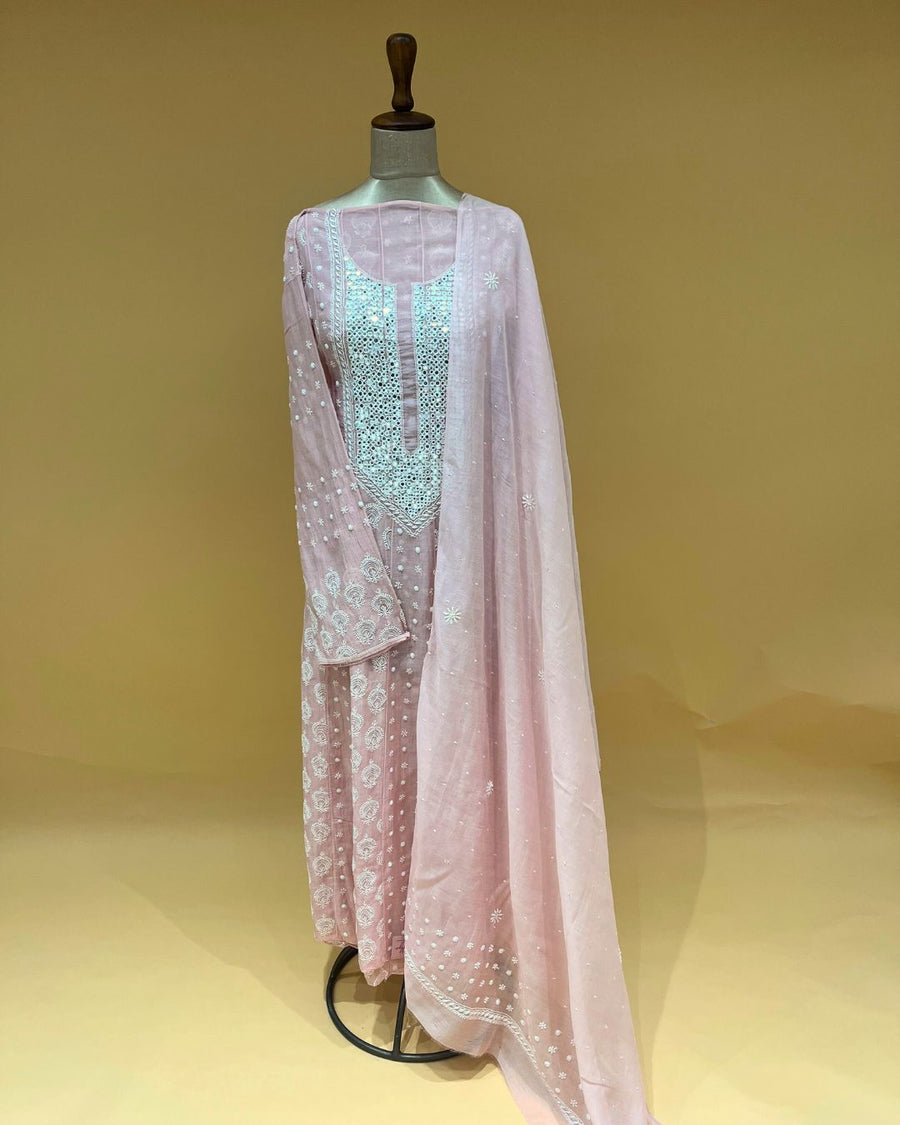 Mul Chikankari Unstitched Anarkali - Blush Pink