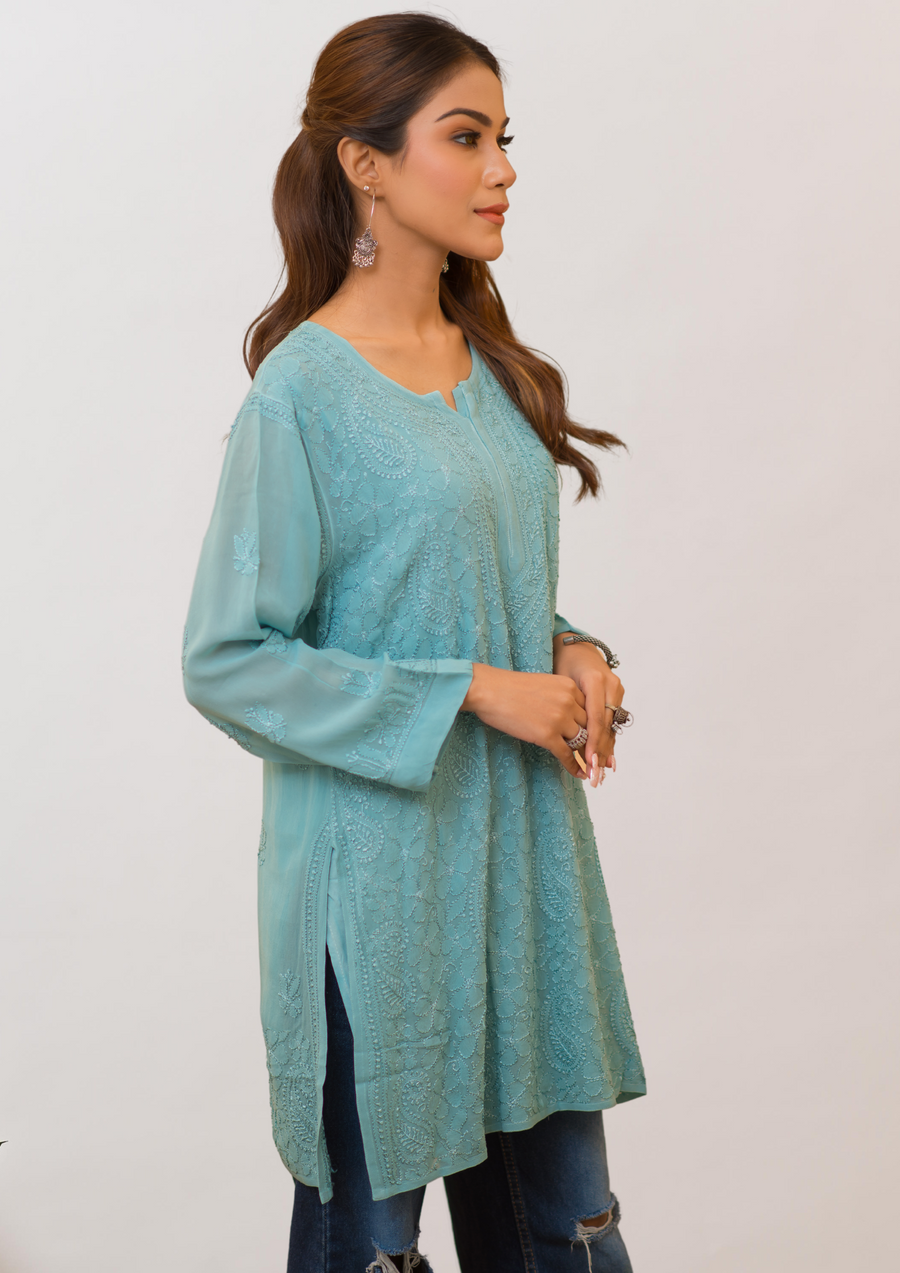 Georgette Chikankari Short Kurta - Sea green