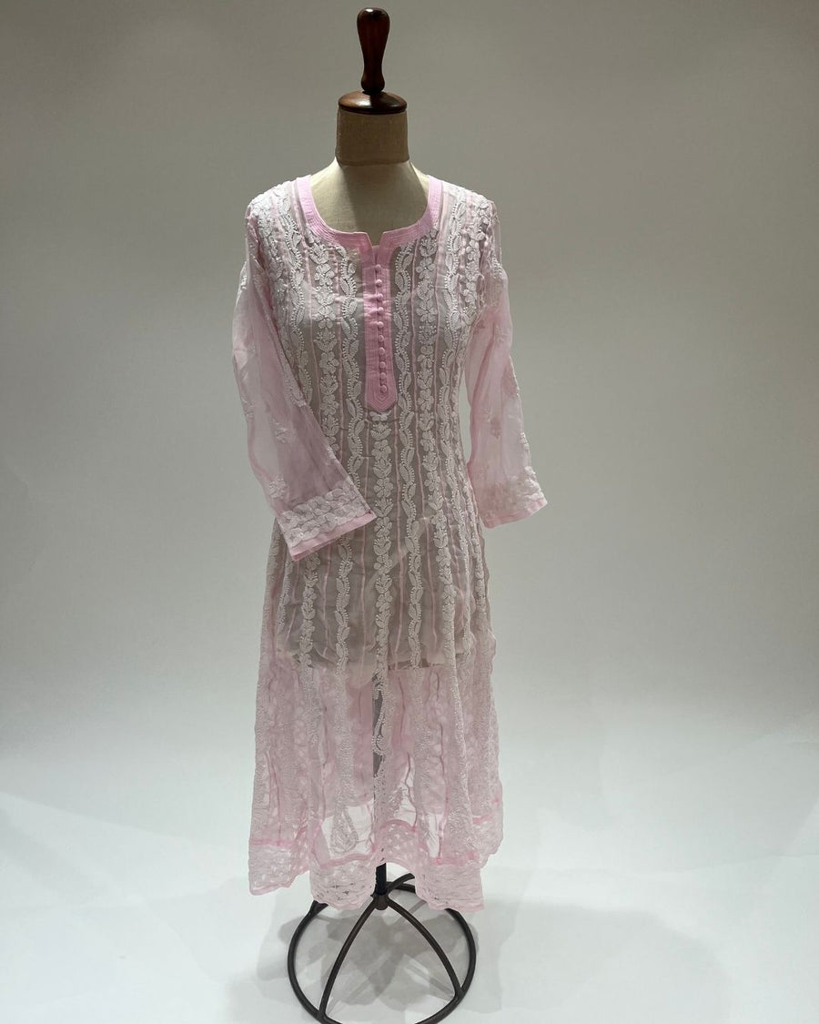 Georgette Anarkali Chikankari Kurta- Baby Pink