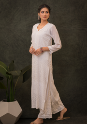 Georgette Chikankari Long Kurta - Pearl White