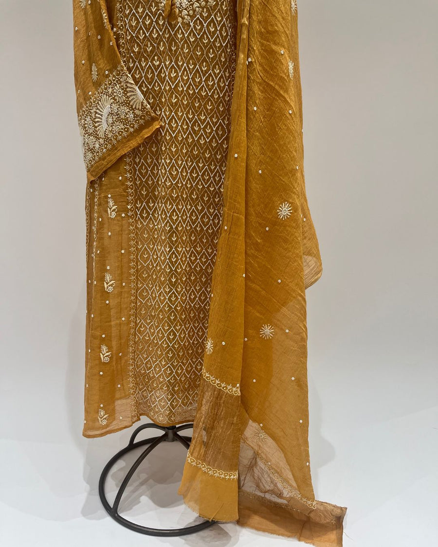 Tissue Chikankari Unstitched Anarkali - Mustard Yellow