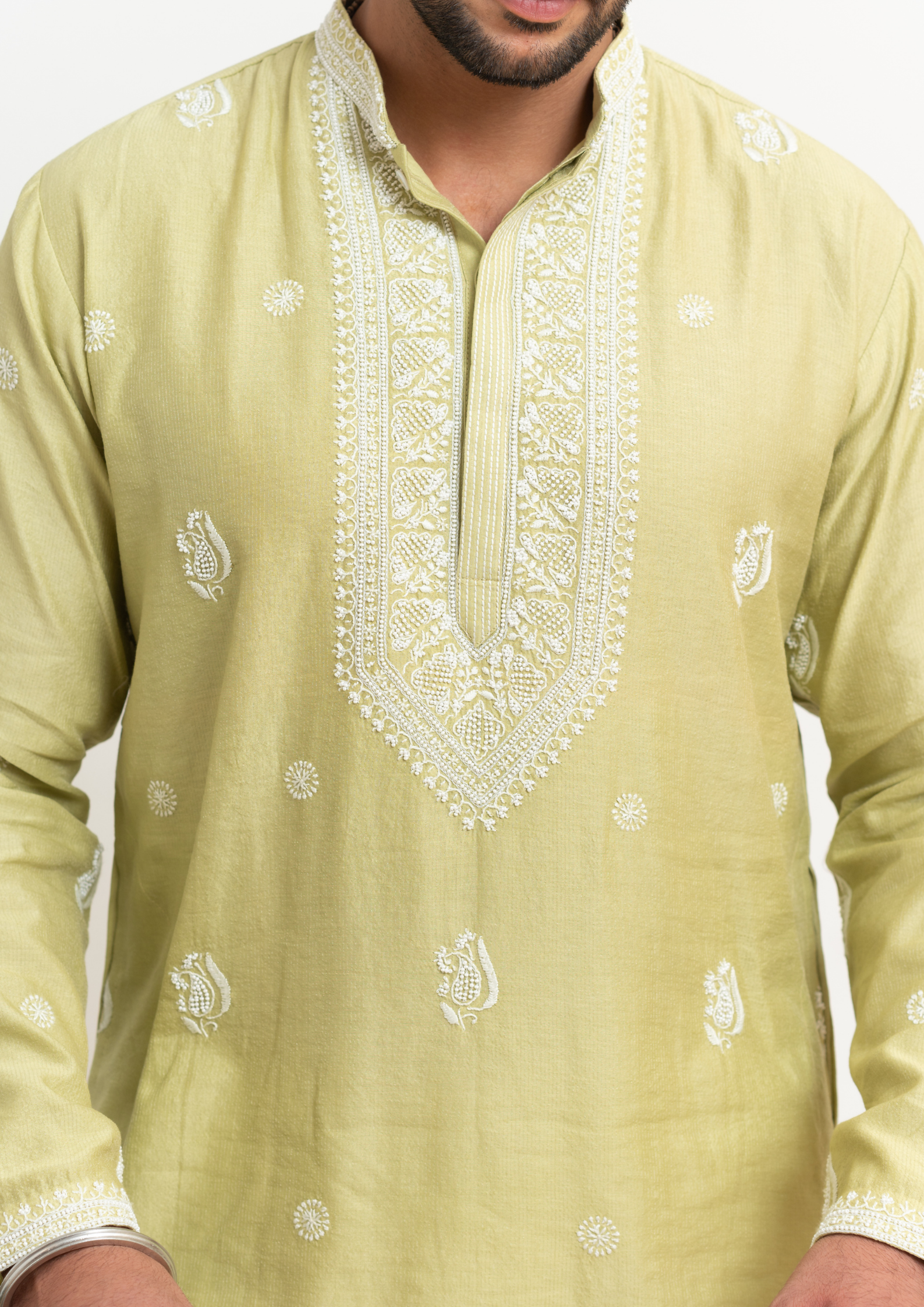 Tissue Chanderi Chikankari Men's Kurta - Green