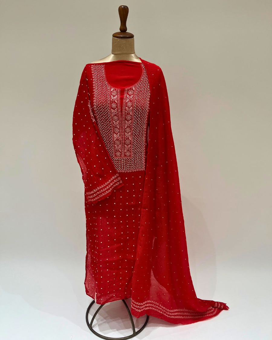 Mul Chanderi Chikankari Unstitched 2pc Suit - Candy Red