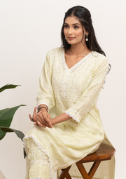 Muslin Chikankari Coord set - Lime Yellow