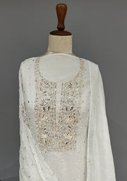 Mul Chanderi Mukesh Unstitch 2pc Suit - White