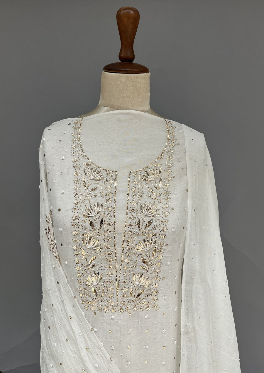 Mul Chanderi Mukesh Unstitch 2pc Suit - White