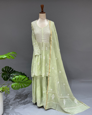 Mul Chanderi Chikankari Sharara Set - Gris Green