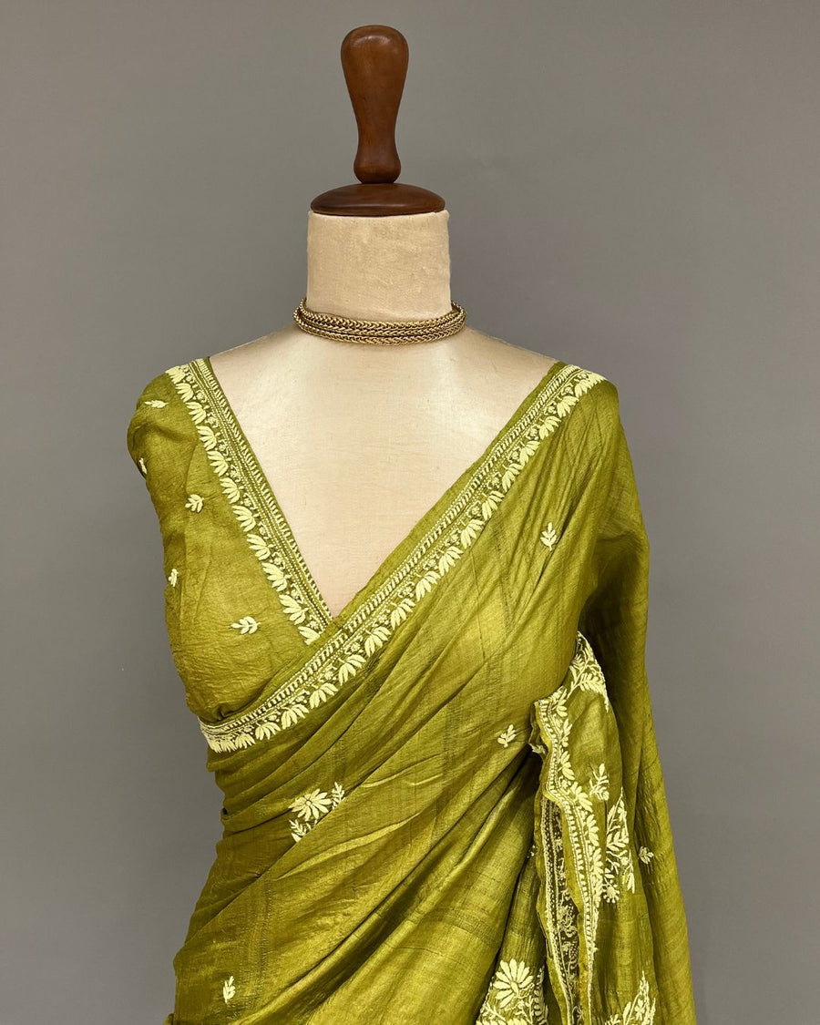 Tussar Silk Chikankari Saree - Olive Green