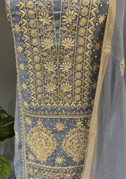 Chikankari Tissue Unstitched Kurta and Dupatta - Cashmere Blue
