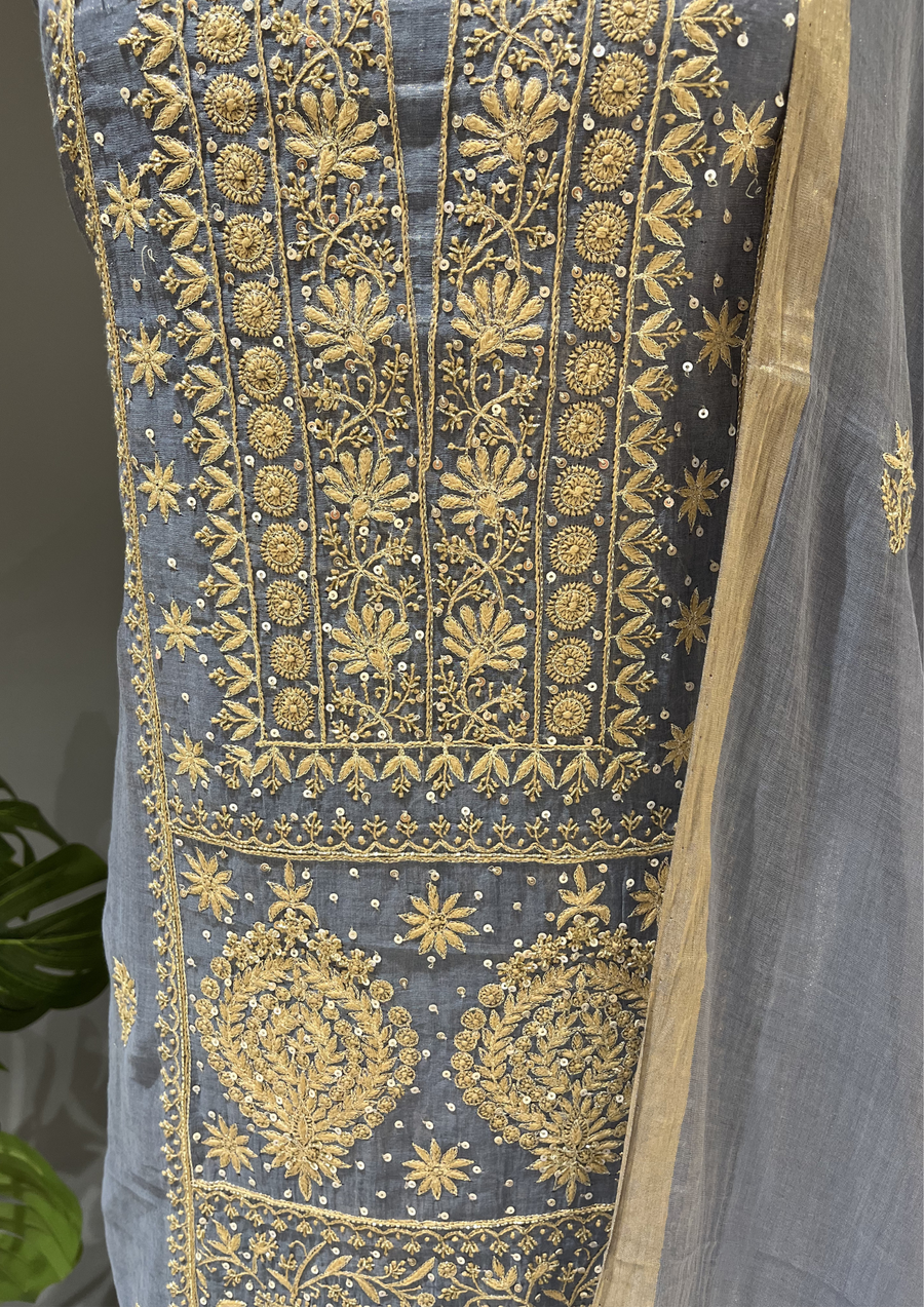 Chikankari Tissue Unstitched Kurta and Dupatta - Cashmere Blue
