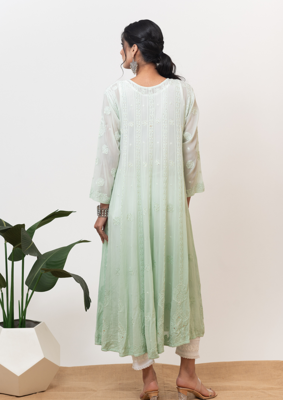 Georgette Chikankari A-line Kurta - Ombre Green