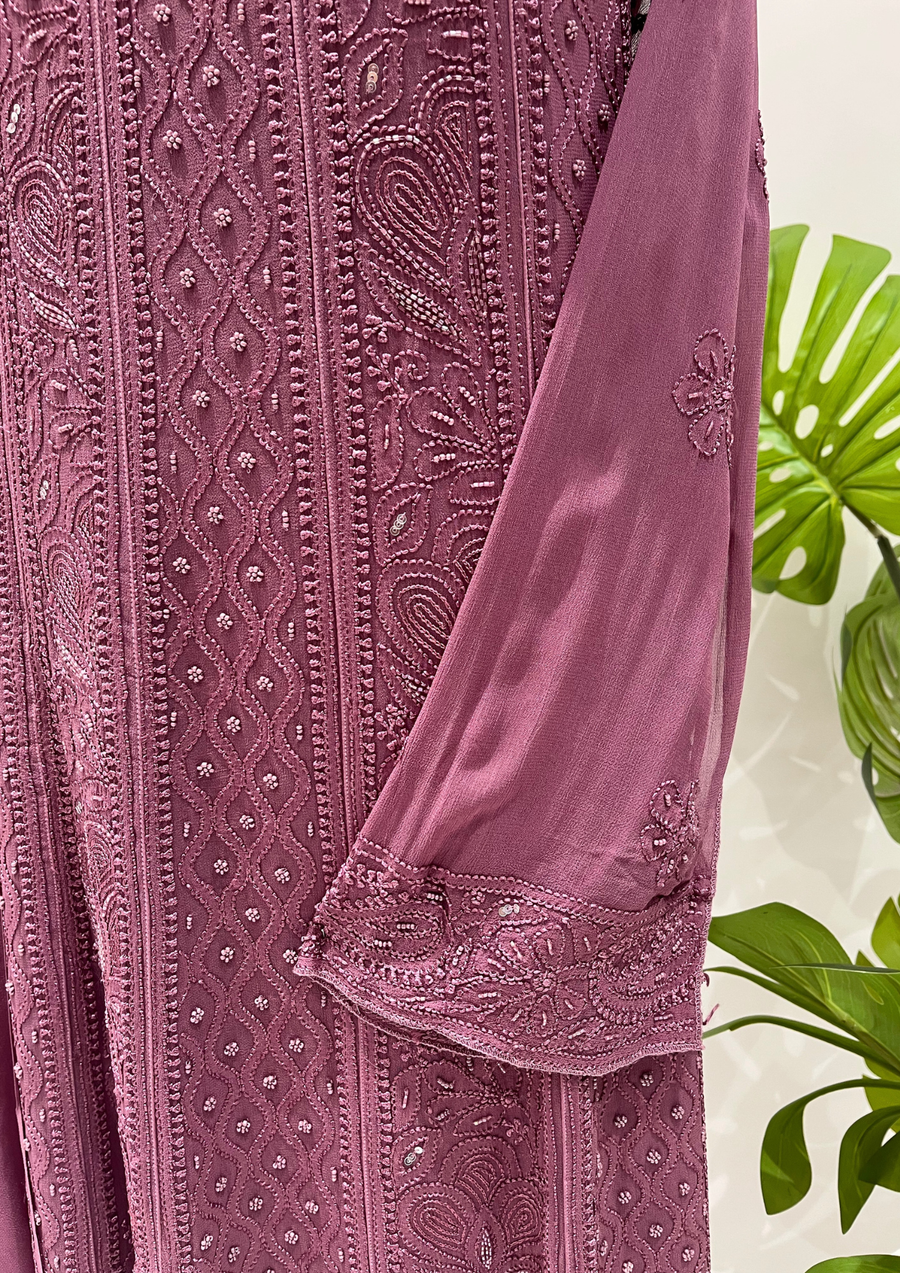 Viscose Chikankari Semistitched Anarkali- Plum